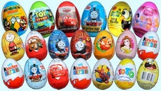 20 Surprise Eggs Kinder Surprise Disney Pixar Cars 2 Thomas Spongebob [upl. by Anatak]